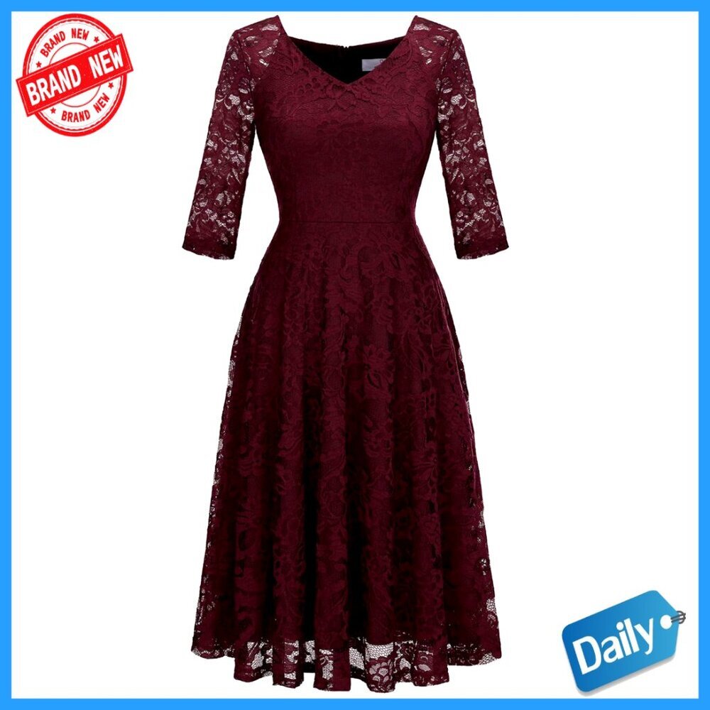 Lace Formal Dress Elegant A-Line Wedding Guest Party Cocktail Midi Gown